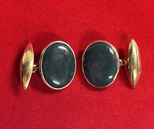 Vintage 14K Yellow Gold Polished Bloodstone Cufflinks - Picture 1 of 10
