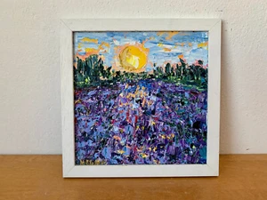 Campo de flores de lavanda pintura al óleo sobre cartón pintura puesta de sol paisaje pintura - Imagen 1 de 9