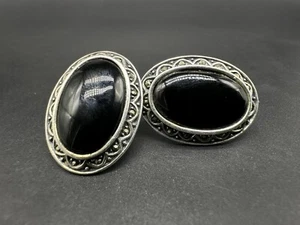 Sterling Silver Black Onyx Etched Stud Earrings 1.25" - Picture 1 of 6