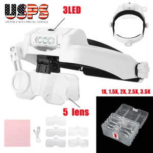 3LED Stirnbandlupe beleuchtetes Glas mit 5 Linsen Juwelier Vergrößerung Reparatur Lesen - Bild 1 von 12