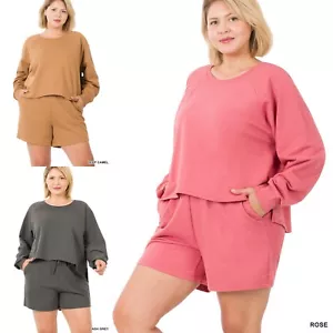 1X 2X 3X French Terry Long Raglan Sleeve Loose Fit Sweatshirt Top & Shorts Set - Picture 1 of 8