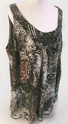 NUE OPTIONS PLUS SZ 3X ANIMAL PRINT BEADED APPLIQUE LINED CHIFFON TUNIC TOP  - Image 1 of 4