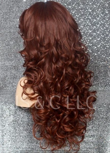 Human Hair Blend Heat OK Curly Long Wig Auburn mix Bangs Layered 33-130 NWT WBBT - Picture 1 of 7