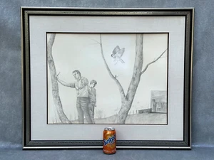 RICHARD ALAN SMITH LARGE ORIGINAL DRAWING FATHER & SON WITH BIRD LANDSCAPE 1968 - Picture 1 of 24