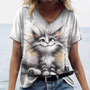 Women’s 3D Cat Print T-Shirt Casual Oversized Tee, Short Sleeve Crew Neck Street - Picture 1 of 124