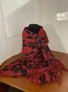 Cejon Scarf Fringed, Red w/ Black Roses leaves/Silver Metallic Stripes-One Size - Picture 1 of 7