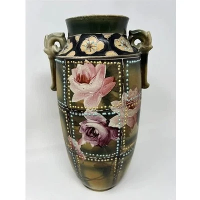 Antique Nippon Moriage 12” Vase w/ Hand Painted Pink Roses Double Handles Green - Image 1 of 4