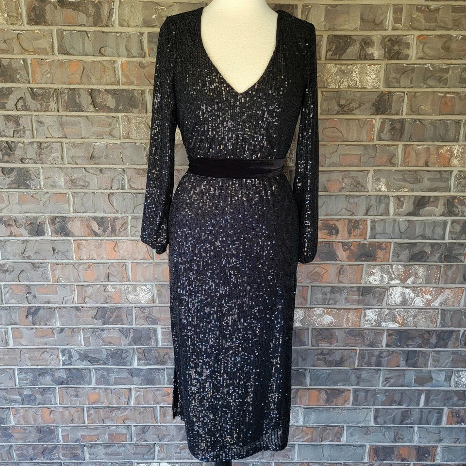 Betsey Johnson Dress Womens Medium Black Sequin Velvet Sash Long Sleeve Midi - Image 1 of 4