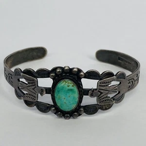 Fred Harvey Era Coin Silver Navajo Style Turquoise Thunderbird Cuff Bracelet 18g - Picture 1 of 5