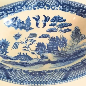 Antique Willow Blue Porcelain Serving Bowl LARGE Blue White Birds Chinese Asia * - Picture 1 of 6