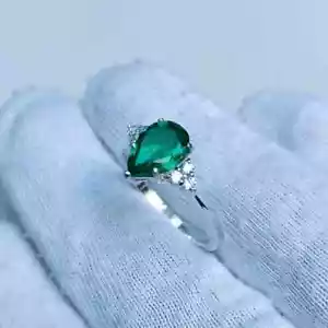 Esmeralda Verde Piedra Anillo 14K Oro Blanco Macizo Joyería Para de Compromiso - Imagen 1 de 12