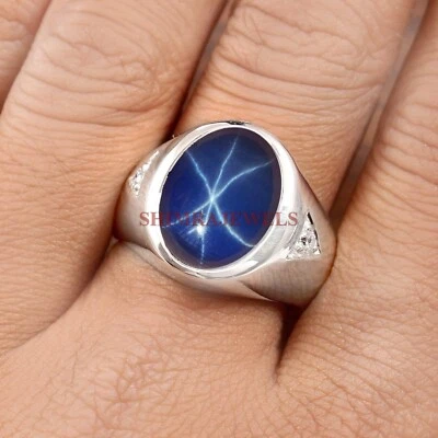 Künstlicher Linde Star Saphir Mit Weiß Vergoldet Silber Ring für Herren #894 - Bild 1 von 4