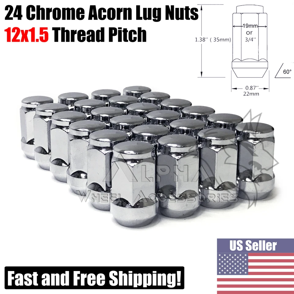 24 Chrome Bulge Acorn Lug Nuts 12x1.5 Fits 2004-2014 Chevy Colorado - Изображение 1 из 4
