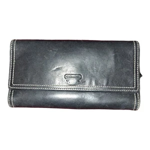 Coach Black Leather Snap Tri-Fold Full Size Wallet Signature Interior - Picture 1 of 6