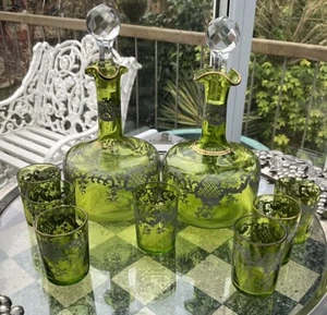 PAIR 7” ST LOUIS TALMA ANTIQUE DECANTER + Set 7 GLASSES CRYSTAL ENGRAVED SILVER - Picture 1 of 24