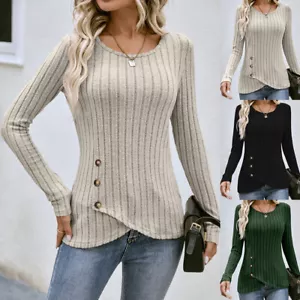 Women Crew Neck Solid Long Sleeve Top Ladies Button Casual Blouse Pullover Shirt - Picture 1 of 17