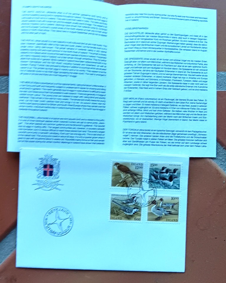 ICELAND BIRDS WAGTAIL PINTAIL MERLIN RAZORBILL SET 1986 FDC +INFO BROCHURE UNADD - Image 1 of 1