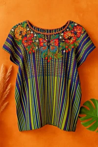 NWT Handmade Guatemalan Huipil 100% Organic Cotton Embroidered Floral &Butterfly - Picture 1 of 17