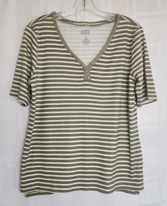 Croft Barrow  V-neck Tee, Green/White, Above Elbow Length  Sleeve,  P Large - Picture 1 of 5