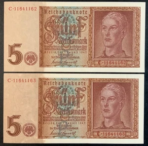 1942 GERMANY PAPER MONEY - 5 REICHSMARK UNCIRCULATED BANKNOTE (2 CONSECUTIVE)! - Picture 1 of 2