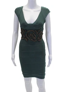 Herve Leger Womens V Neck Beaded Embellished Bandage Dress Teal Size S - Picture 1 of 13