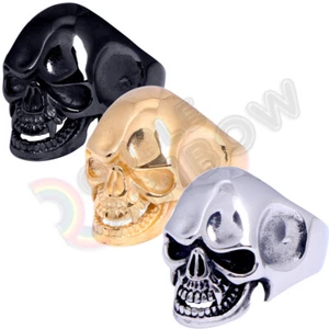 Men Stainless Steel Gold/Black Plated Gothic Skull Biker Ring Band #R13 - Picture 1 of 3