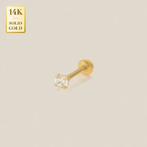 14K REAL Solid Gold Round Cubic Zirconia Internal Flat Back Ear Piercing 18G - Picture 1 of 12