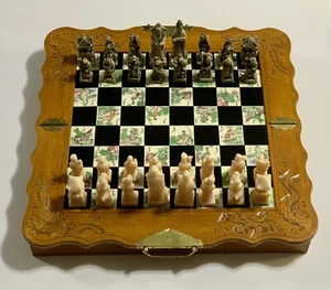 Vintage Japanese Handmade Folding Chess Set Engraved & Carved Scenes Pieces Wood - Picture 1 of 22