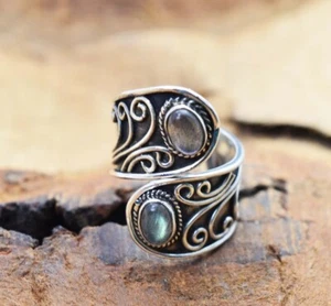 Natural Labradorite Gemstone Ring 925 Sterling Silver Adjustable All Size MO722 - Picture 1 of 8