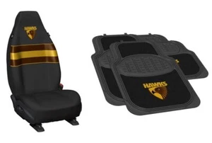 SET OF 2 HAWTHORN HAWKS AFL TEAM LOGO FRONT CAR SEAT COVERS & 4 FLOOR MATS - Picture 1 of 4