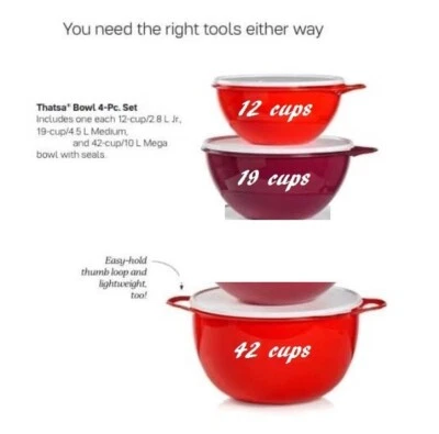 Conjunto de tigela Tupperware Thatsa 3 peças 12 xícaras, 19 xícaras, 42 xícaras tigela de mistura e preparação vermelha - Imagem 1 de 4