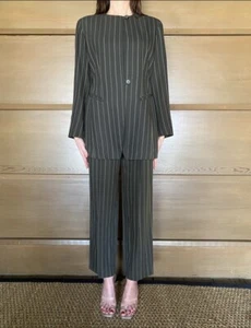 Vtg 90s Emanuel Ungaro Brown Pin Stripe Blazer 2 Piece Pant Suit Set Size XS - Picture 1 of 19