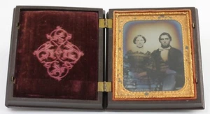 AMBROTYPE UNION CASE en format sixième de plaque Jeune couple USA Vers 1860 - Picture 1 of 6
