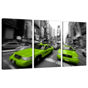 Set of 3 Panel Lime Green Canvas Wall Art Pictures NYC Taxi Print 3027 - Picture 1 of 1