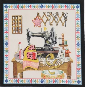 Vintage Sewing Machine Fabric Quilter Thimble Collection Scissors Quilt Block A - Picture 1 of 1