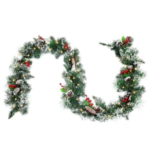 9FT Flocked Pre-Lit Artificial Christmas Garland Berry Pinecone Dunhill Lights - Picture 1 of 7