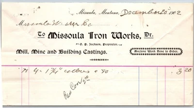 Missoula Iron Works Mill Mine Building Castings Missoula, MT 1902 Billhead (#2) Foto 1 de 2