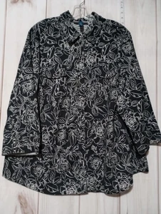 Karen Scott Shirt Womens 2X Black White Floral Button Up Long Sleeve Cotton Top - Picture 1 of 6