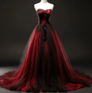 Abiti da sposa gotici neri e rossi applicazioni pizzo scollo a cuore senza maniche - Foto 1 di 8