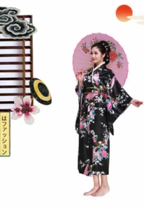Retro Traditional Yukata Cosplay Black Peacock Kimono Robe Geisha Dress Obi Hot - Picture 1 of 5