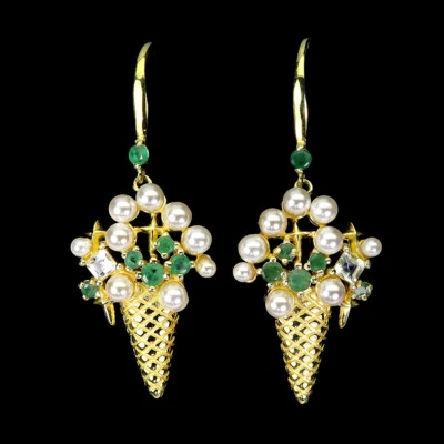 Orecchini In Argento Sterling 925 Quadrati Con Acquamarina, Smeraldo E Perla - Immagine 1 di 4