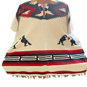 Vintage 20th Century Mexican Serape Cape Poncho Red Black Ivory Fringe Slit Neck - Picture 1 of 20