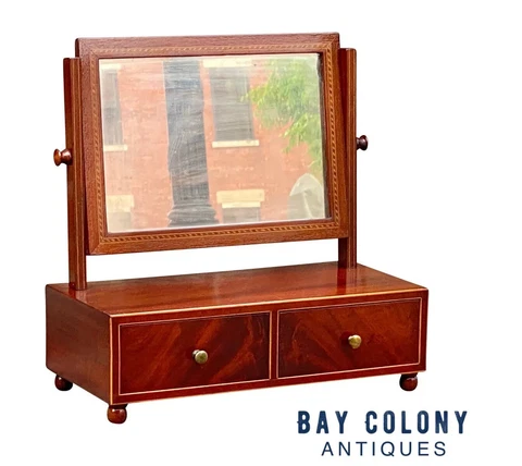 19TH C ANTIQUE MAHOGANY INLAID SHAVING MIRROR WITH DRAWERS - TABLETOP MIRROR Cover
