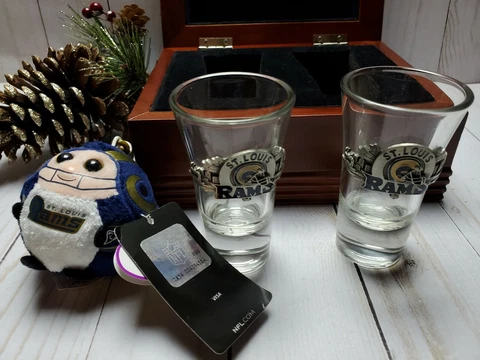 St. Louis Rams Set of 2 Pewter Logo Shot Glasses w/Mahogany Keepsake Box  - NIB Cover