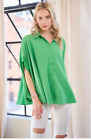 Davi & Dani Green Short Sleeve Tunic Capelet Batwing Button Up Blouse. Med. Nwt
