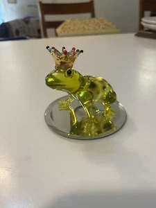 Crystal Glass 2.5” Frog Prince with Golden Crown Figurine on 3" Mirror Base - Picture 1 of 10