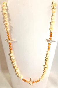 Handmade ~ Sterling Silver .925 White/Salmon Coral MOP Fetish 32" Necklace A5 - Picture 1 of 9