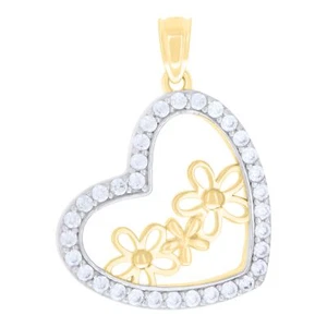 10kt Two-tone Gold Womens Cubic-Zirconia Flowers Heart Charm Pendant - Picture 1 of 1