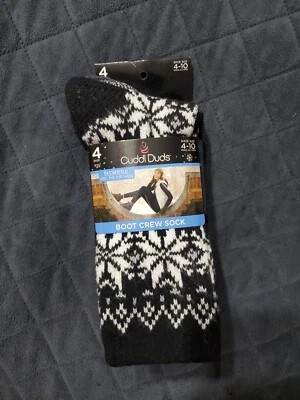 NUEVO CON ETIQUETAS Calcetines Cuddl Duds Boot 4 Pares Talla 4-10 Negro Blanco Gris Precio de venta sugerido por el fabricante $40 Copos de Nieve Foto 1 de 4