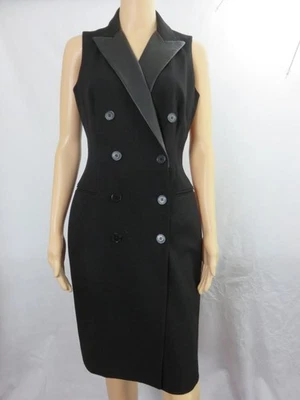 RALPH LAUREN Black V Neck Dress W/Faux Leather Collar Sleeveless SZ 8 - Image 1 of 4